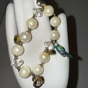 Betsy Johnson Pearl Stretchy Bracelet with Enamel Parrot, hearts and flowers